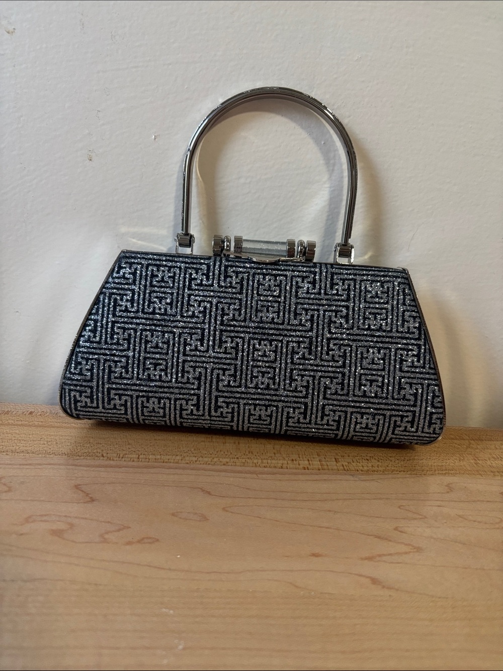 Selini NY Black & Silver Patterned Top-Handle Evening‎ Bag with Chain